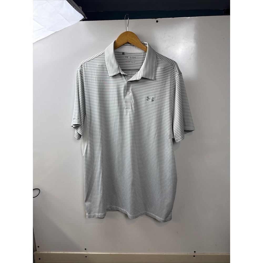 Under Armour Shirt Mens 2XL  Grey Striped Heat Gear Loose Fit Golf Polo Coldblck
